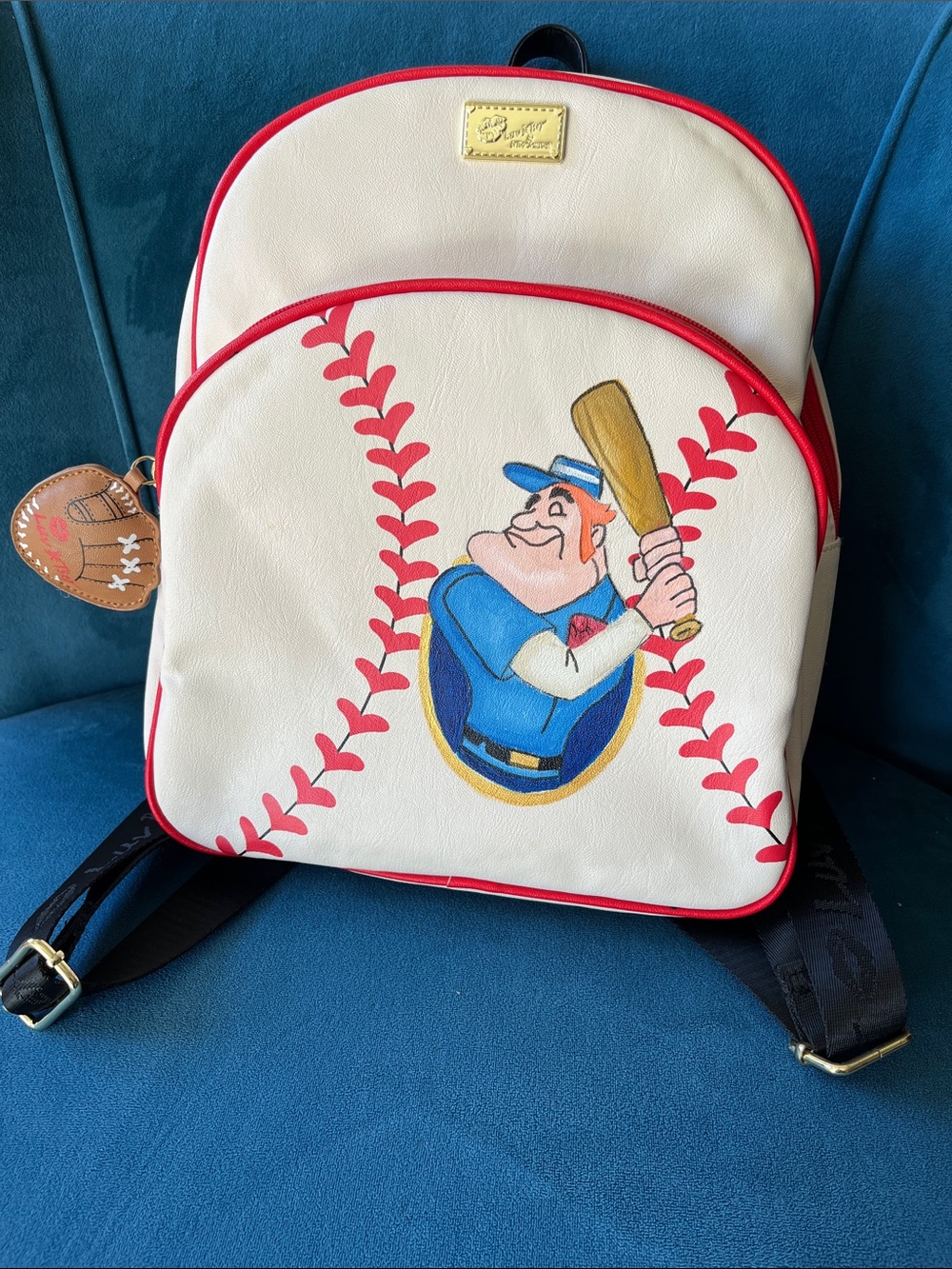 Betsey Johnson White & Red Backpack. Casey at bat image hand painted.